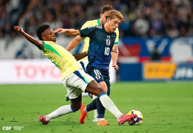 
					Vinisius Jr (Brasil) harus menelan Kekalahan atas Jepang di FIFA Matchdaya. (Foto: CBF) 