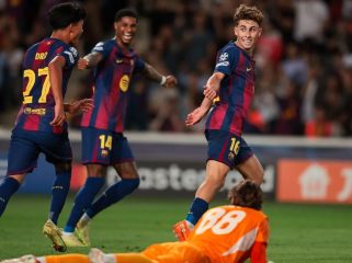 Fermín Lopez merayakan golnya ke gawang Olympiacos dalam lanjutan Liga Champions 2025 di Estadi Olímpic Lluís Companys. (Foto: fcbarcelona)