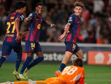 Fermín Lopez merayakan golnya ke gawang Olympiacos dalam lanjutan Liga Champions 2025 di Estadi Olímpic Lluís Companys. (Foto: fcbarcelona)