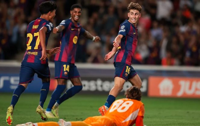 
					Fermín Lopez merayakan golnya ke gawang Olympiacos dalam lanjutan Liga Champions 2025 di Estadi Olímpic Lluís Companys. (Foto: fcbarcelona)